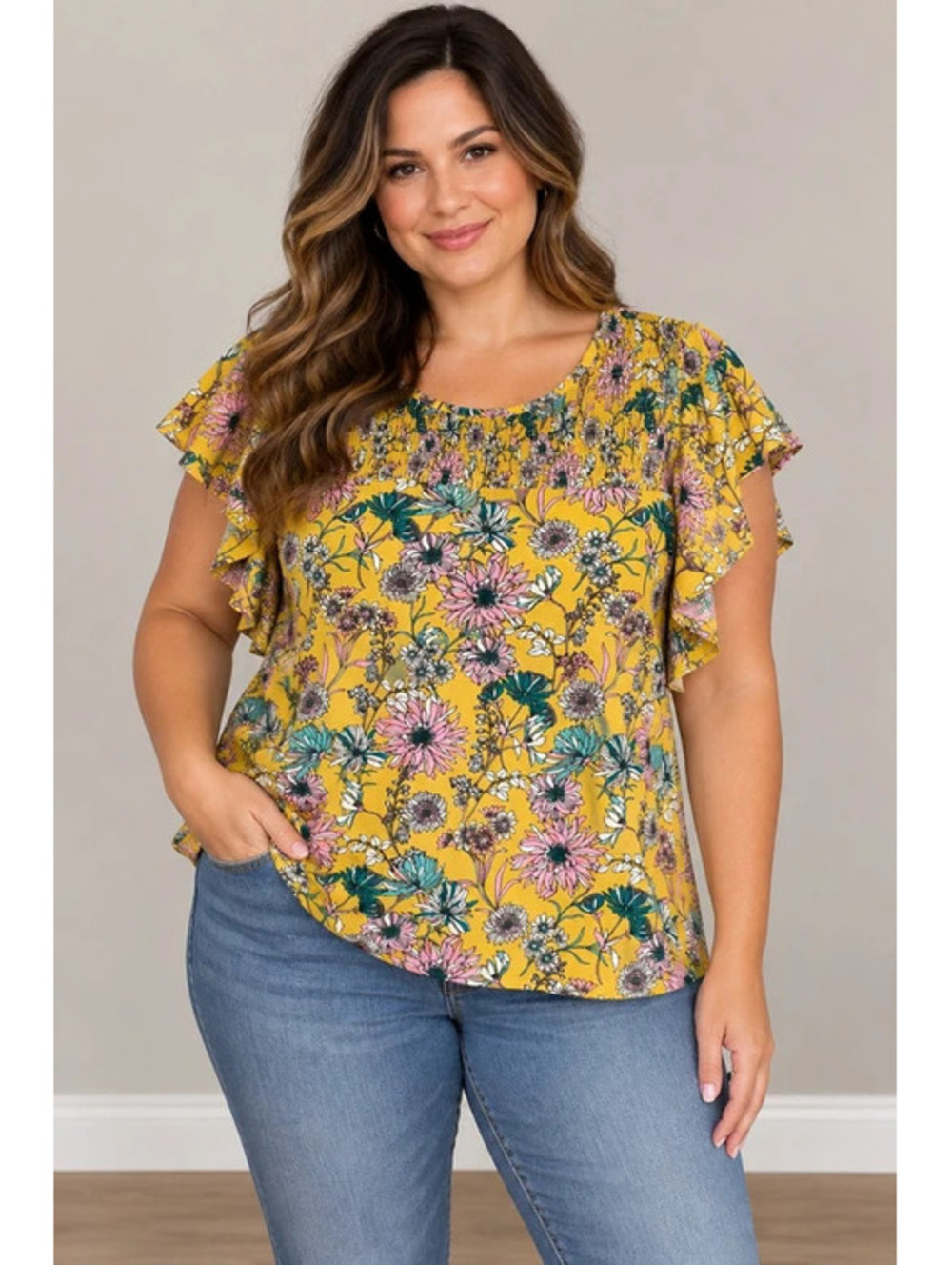Cato Floral Smocked Flutter Sleeve Top Mustard Yellow Pink Teal Size L